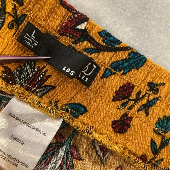 BBJ Los Angeles Mustard Fleur De Lis Flowy Wide Leg Boho Belted Pants Size L - Picture 12 of 13